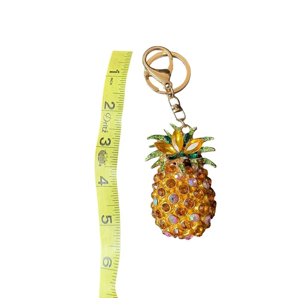 Rhinestone Pineapple Keychain Gold Tone Crystal Fruit Purse Charm Bag Charm